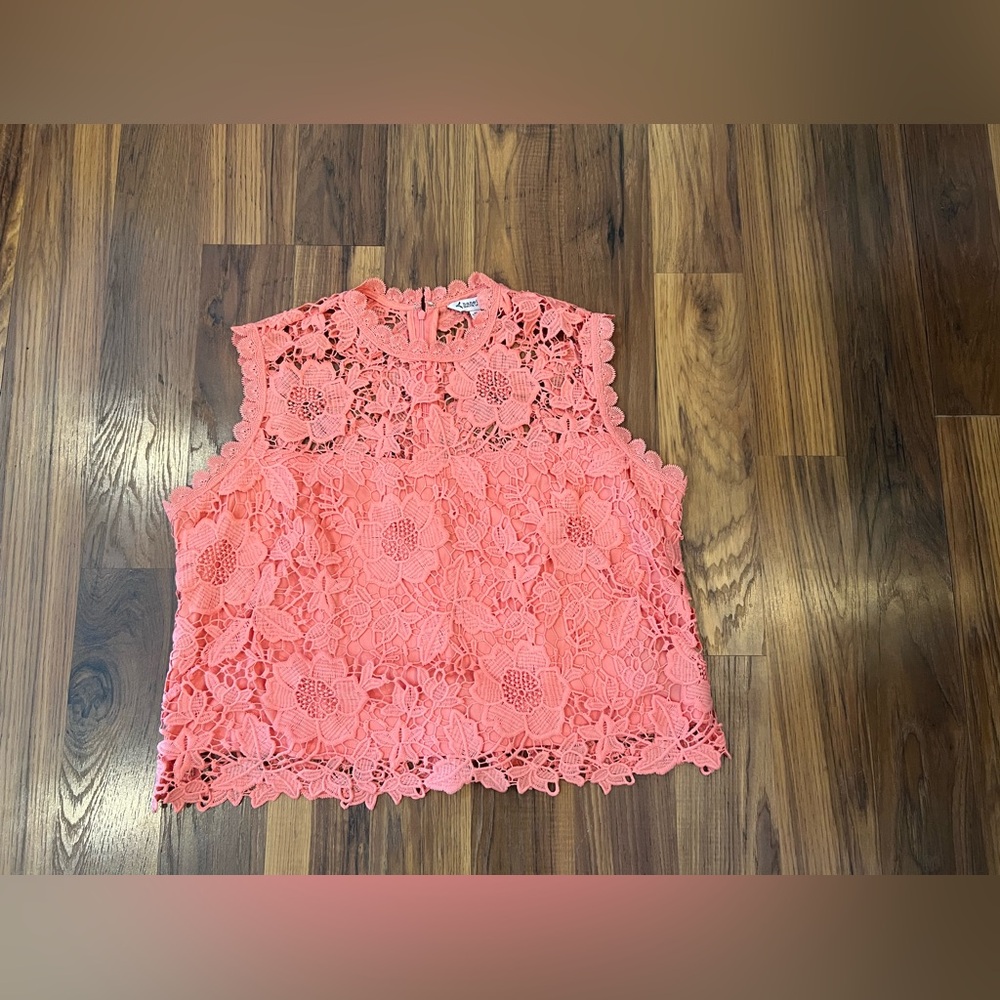 Nanette Lepore Lace Blouse High Neck Short Sleeve Size XL Zip Back Office Core